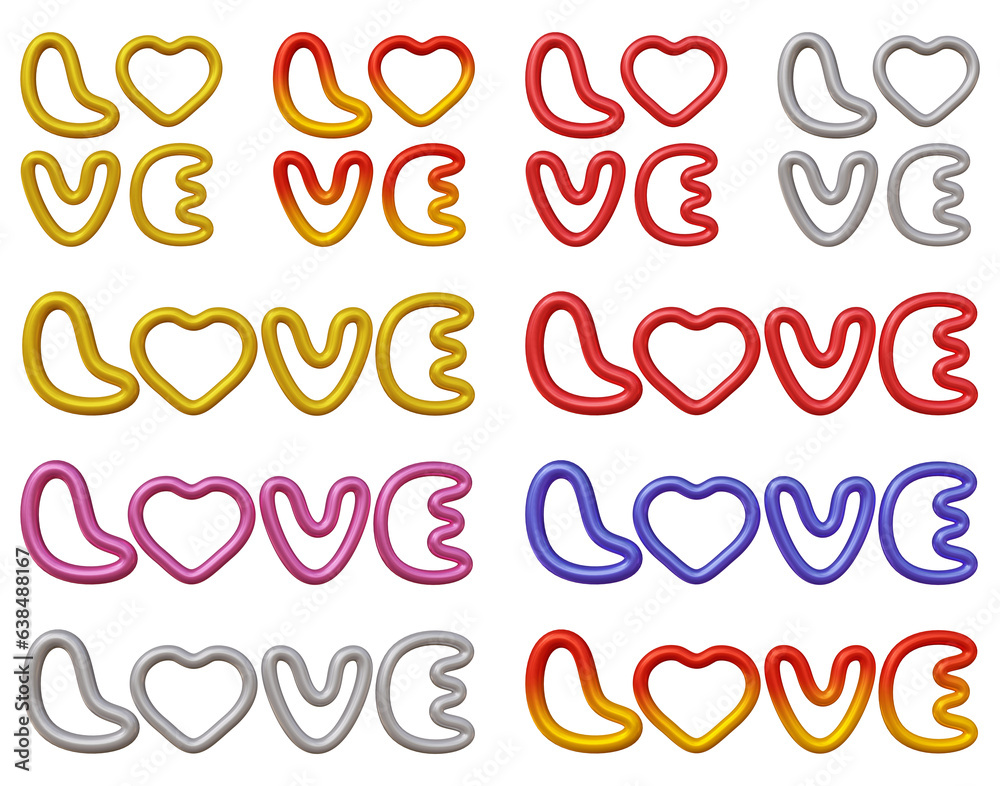 Poster set of love text with heart icon isolated on transparent background in 3d rendering for romantic and