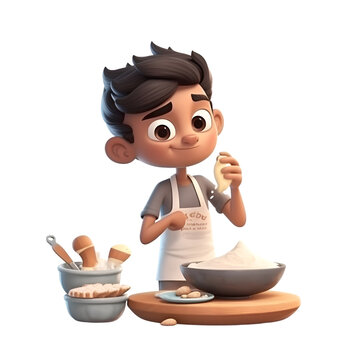 3d render of a boy cooking with a bowl and a spoon