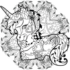 Fototapeta na wymiar Cute cartoon unicorn on mandala. Fantastic animal. Black and white, linear, image. For the design of prints, posters, stickers, tattoos.