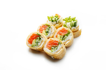 6 piece futomaki sushi set with salmon, lettuce, cucumber, in Japanese omelette, isolated.