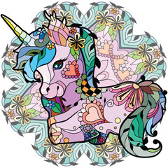 Cute cartoon unicorn on mandala. Fantastic animal. For the design of prints, posters, stickers, tattoos.