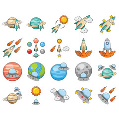 Space vector icon set. Astronaut, planet, satellite, rocket, ufo, comet cartoon objects