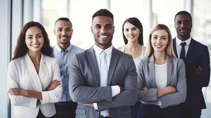 Multiracial diverse business team headed with boss posing to camera. Smiling businesspeople in office. Business concept.