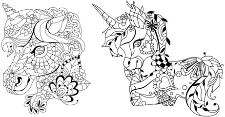 Set of cute cartoon unicorns. Fantastic animal. Black and white, linear, image. For the design of prints, posters, stickers, tattoos.