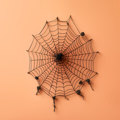 Fototapeta premium Black spider web on an orange wall, minimal creative aesthetic Halloween concept