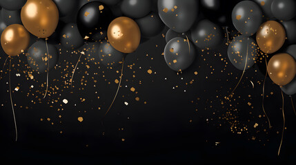 Black and golden balloons with sparkles high detailed background. Celebration, holiday, birthday party.