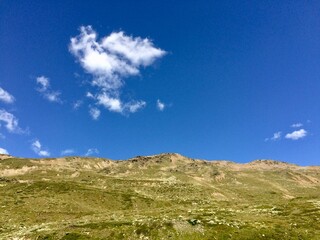 landscape with blue sky and high mountain range 