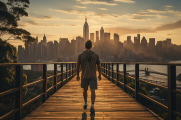 Fototapeta premium Endless Passion. A marathoner crosses a city's skyline, representing the enduring love for running. Generative Ai.