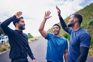 Happy, men and friends high five for fitness, workout and running outdoor with a smile. Exercise,...