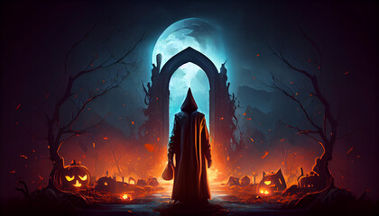 Mysterious Hooded Figure Holding Halloween Pumpkin in Haunted Graveyard Dark Halloween Art, scary halloween night, Ai generated image 