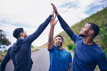 High five, men and outdoor with fitness, workout and runner training on mountain path. Excited, friends and motivation with wellness success and sports exercise of people together with support