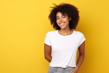 girl wearing white t shirt for mock up on yellow background
