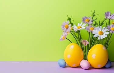 Colorful easter eggs with flowers and green grass. Easter eggs disappear on a light yellow background. Generative AI 
