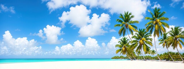 Fototapeta na wymiar Paradise beach of a tropical island, palm trees, white sand, azure water. Famous stone beach in the Seychelles. Generative AI.