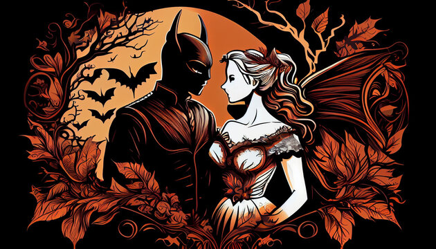 Romantic Wedding. Bride and Groom. Scary bat, Happy Halloween t-shirt design template easy to print all-purpose for man, women, Ai generated image