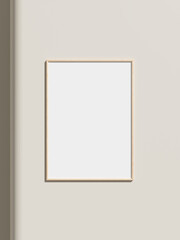 Thin rectangular frame hanging on a white textured wall mockup.
