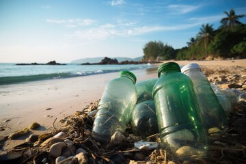 Plastic pollution in ocean and sea - environmental problem. Empty used dirty plastic bottles on beach