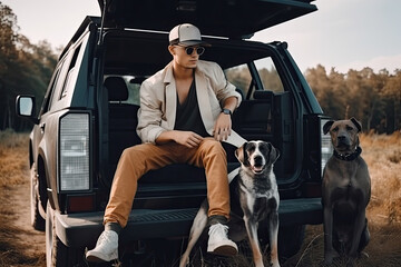A stylish young man, exuding a modern and fashionable vibe, poses with dog for a portrait against an nature backdrop.