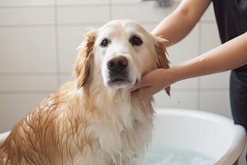 A cute, wet puppy gets a bubbly bath in a clean bathroom. The happy, fluffy dog enjoys the shower while its owner ensures proper grooming and hygiene.
