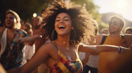 Epitomizing youth and fun people, Diverse, energetic group of millennials dancing with joy and excitement at a lively music festival, Generative AI