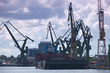 port, dźwig, dok, statek, przemysł, port, przemysłowy, łódź, transport, morze, transport, woda, niebo, niebieski, © Piotr
