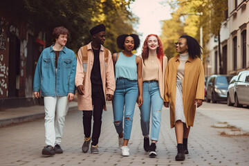 Naklejka premium A mixed group of stylish friends enjoys a sunny day in the city. Their youthful energy and diverse backgrounds exemplify the beauty of modern friendships and community bonds.