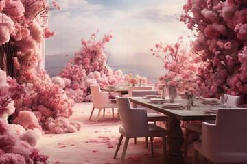 Pink table setting roses flowers decoration generative ai