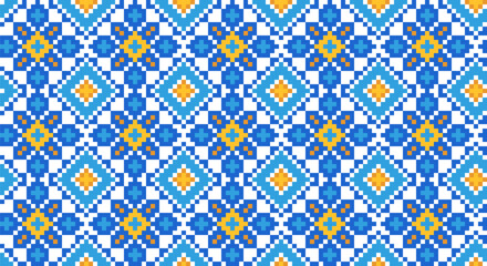 Ukrainian vector textile, fabric, cloth seamless pattern, print. Ukrainian folk, ethnic pattern in yellow and blue colors. Pixel art, vyshyvanka, cross stitch