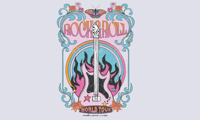 Flower and butterfly t-shirt design. Rock and roll vector graphic print design for apparel, stickers, posters, background and others. Guitar fire artwork.