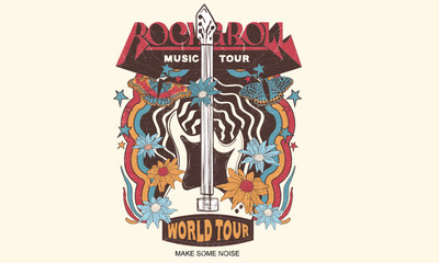 Guitar and flower. Music tour poster artwork. Eagle wing with guitar t-shirt design. Rock and roll vector graphic print design for apparel, stickers, posters, background and others. Butterfly.