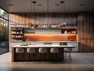 Front image of modern home kitchen cabinet with minimalist style design. Illustration image and illuminated by natural lighting.