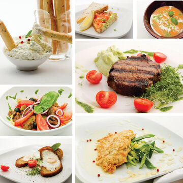 Various pictures of different meals, in the style of high-key lighting