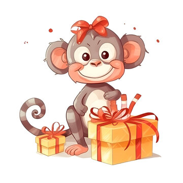 Cute cartoon monkey with gift boxes. Vector illustration isolated on white background.