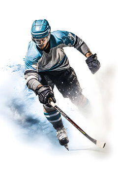 Person in blue uniform playing hockey.