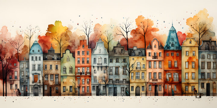 Cozy european city street  watercolor illustration 