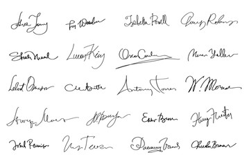 Autographs Set. Collection of Business Contract Signatures - obrazy, fototapety, plakaty