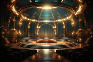 Theater podium stage with glowing lights background. Glitter. Illustration. Abstract. Luxury. Generative AI