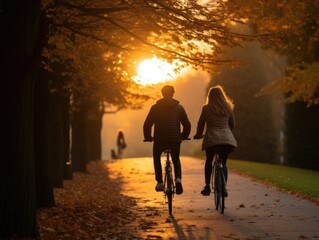 A couple cycles side by side in a park, with trees shedding their autumn leaves, all illuminated by the gentle glow of a soft-focus sunset.