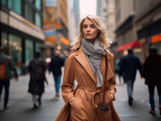  Elegant woman displays trendy wardrobe, walking on a blurred, stylish urban street, embodying glamour and luxury.