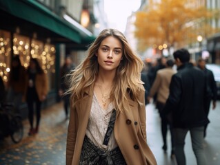 Obraz premium Fashion-forward individual displaying autumn attire, with a bustling urban street softly blurred in the background.