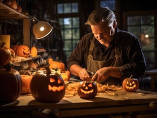Craftsman skillfully carves a Halloween pumpkin, his previous candlelit creations glowing nearby.
