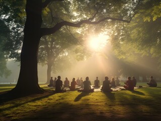 Group engaged in serene yoga poses in a park, with the early morning mist weaving between trees.