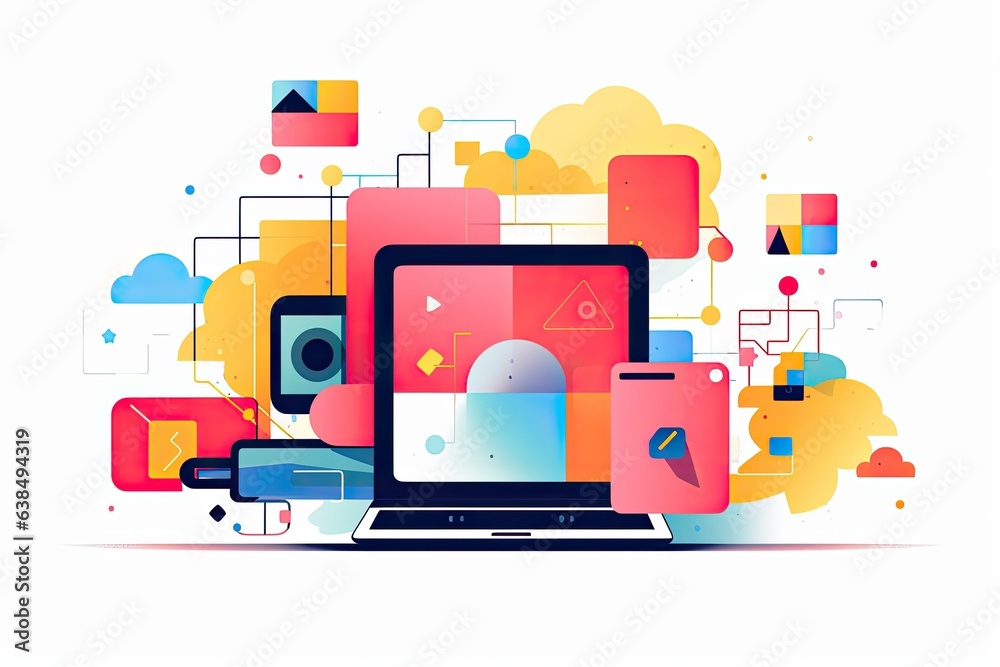 Wall mural colorful laptop item with minimal shapes pattern on white background. machine learning. generative a