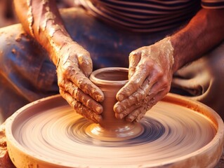 A close-up shot captures an artisan's skilled hands, meticulously molding clay into a piece of pottery, epitomizing craftsmanship and dedication.