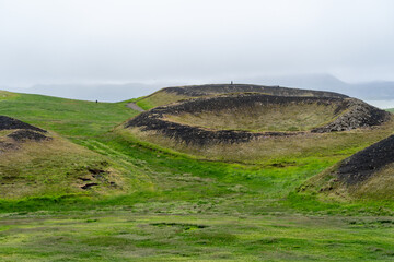 Skutustadagrig pseudo craters trail, on Lake Myvatn. Interesting geological formations in North Iceland