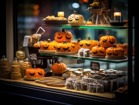 A cozy bakery window displays an array of Halloween-themed delights, while the street behind softly fades into a blurry ambiance.