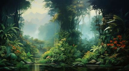 Digital painting of dark tropical rainforest, lots of tropical trees, plants and lianas and flowers, horizontal jungle scene, mysterious fog, beautiful art background