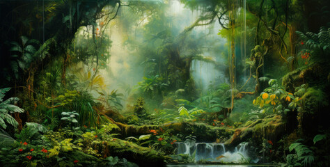 Fototapeta na wymiar Wide tropical forest scene, lots of trees, water stream, plants and lianas, digital painting, dark background, mysterious fantasy landscape