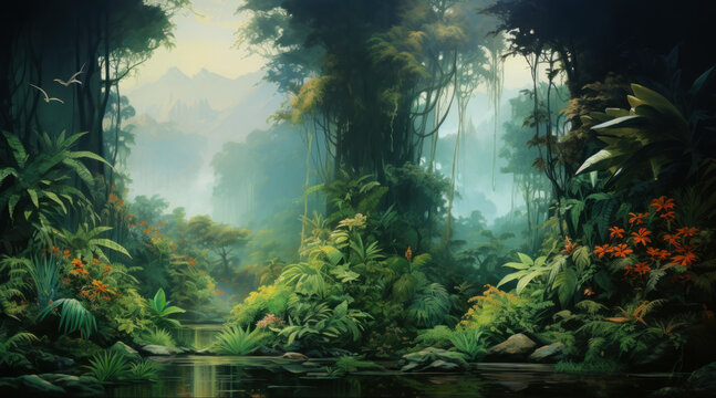Digital painting of dark tropical rainforest, lots of tropical trees, plants and lianas and flowers, horizontal jungle scene, mysterious fog, beautiful art background