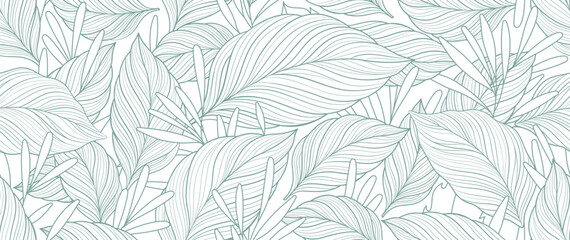 Tropical leaf line art wallpaper background vector. Design of natural monstera leaves and banana leaves in a minimalist linear outline style. Design for fabric, print, cover, banner, decoration - 638495129